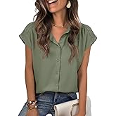 Yousify Womens Dressy Casual Tops Business Work Blouses Button Down Shirts Cap Sleeve V Neck Tshirt