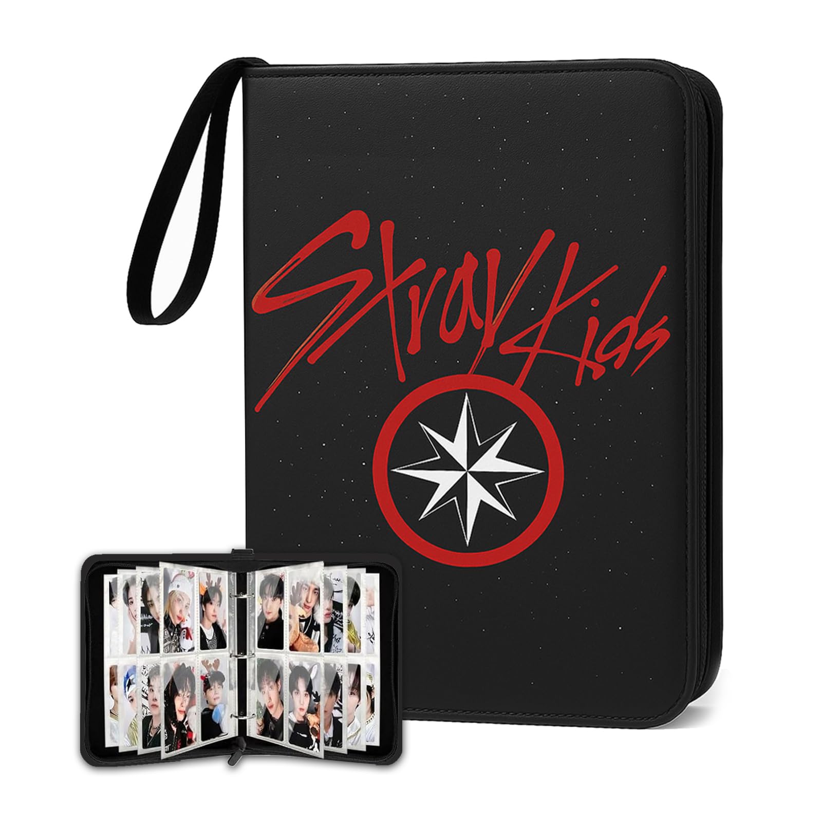 Stray Kids Photocard Binder 400 Pockets, 3 Ring Kpop Binder with 4 Pockets, Total 50 Pages, Cute Cartoon Card Collector, Idol Photo Album for Kpop Fans, Boys and Girls, Black