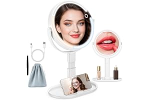 HUNCAB 15X/1X Makeup Mirror with Lights, 4000mAh Vanity Mirror with 3 Lighting and Adjustable Brightness, 2-Sided Height Adjustable Lighted Magnifying Mirror, Make Up Mirror Gifts for Elder Women