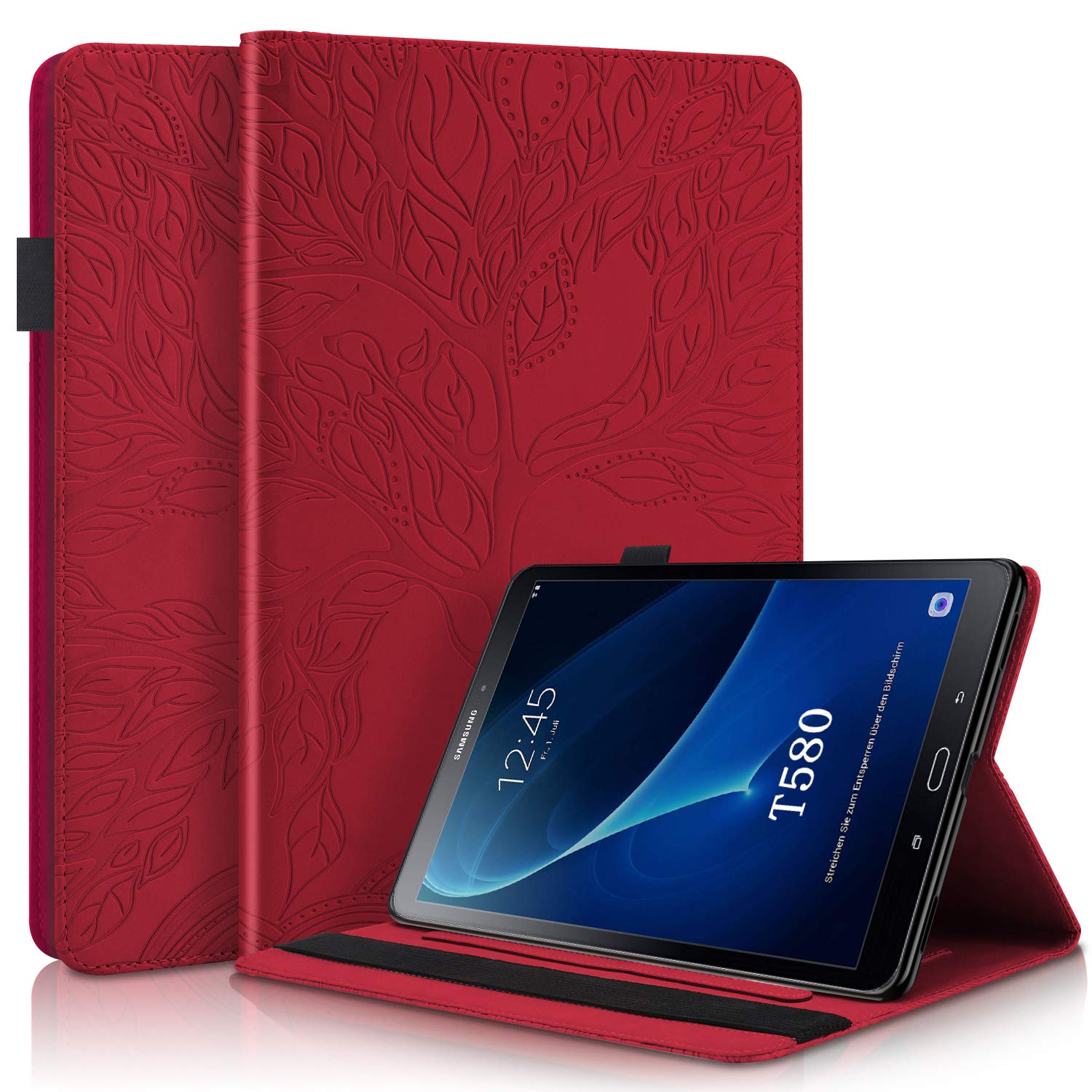 Aswant Samsung Tab A6 10.1" Case PU Leather Case Folip Flip Cover Embossed Tree Wallet Card Slot Stand Tablet Case with Pen holder For Samsung Galaxy Tab A 10.1 Inch 2016 SM-T580/SM-T585 - Red