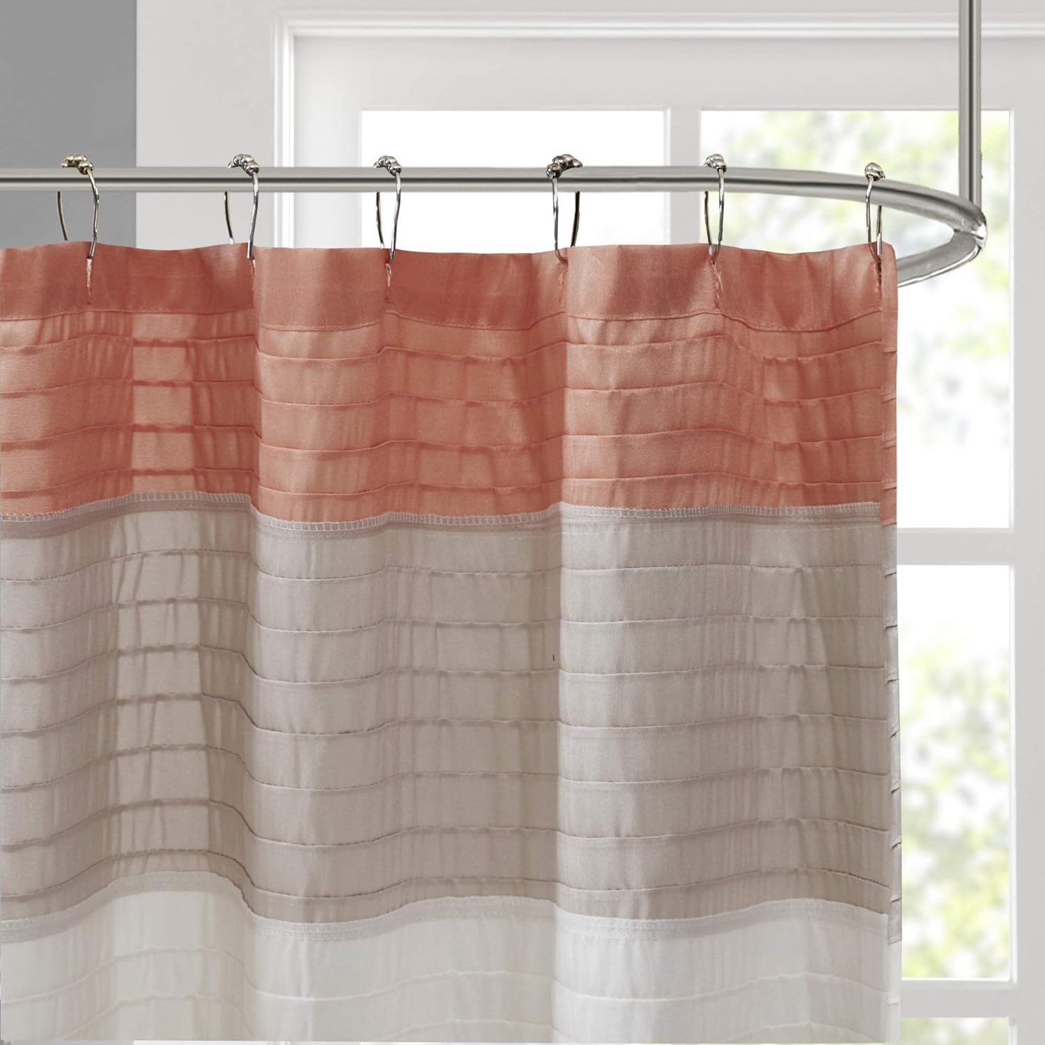 Madison Park Amherst Bathroom Shower Faux Silk Pieced Striped Modern Microfiber Bath Curtains, 72x72 Inches, Coral: Home & Kitchen