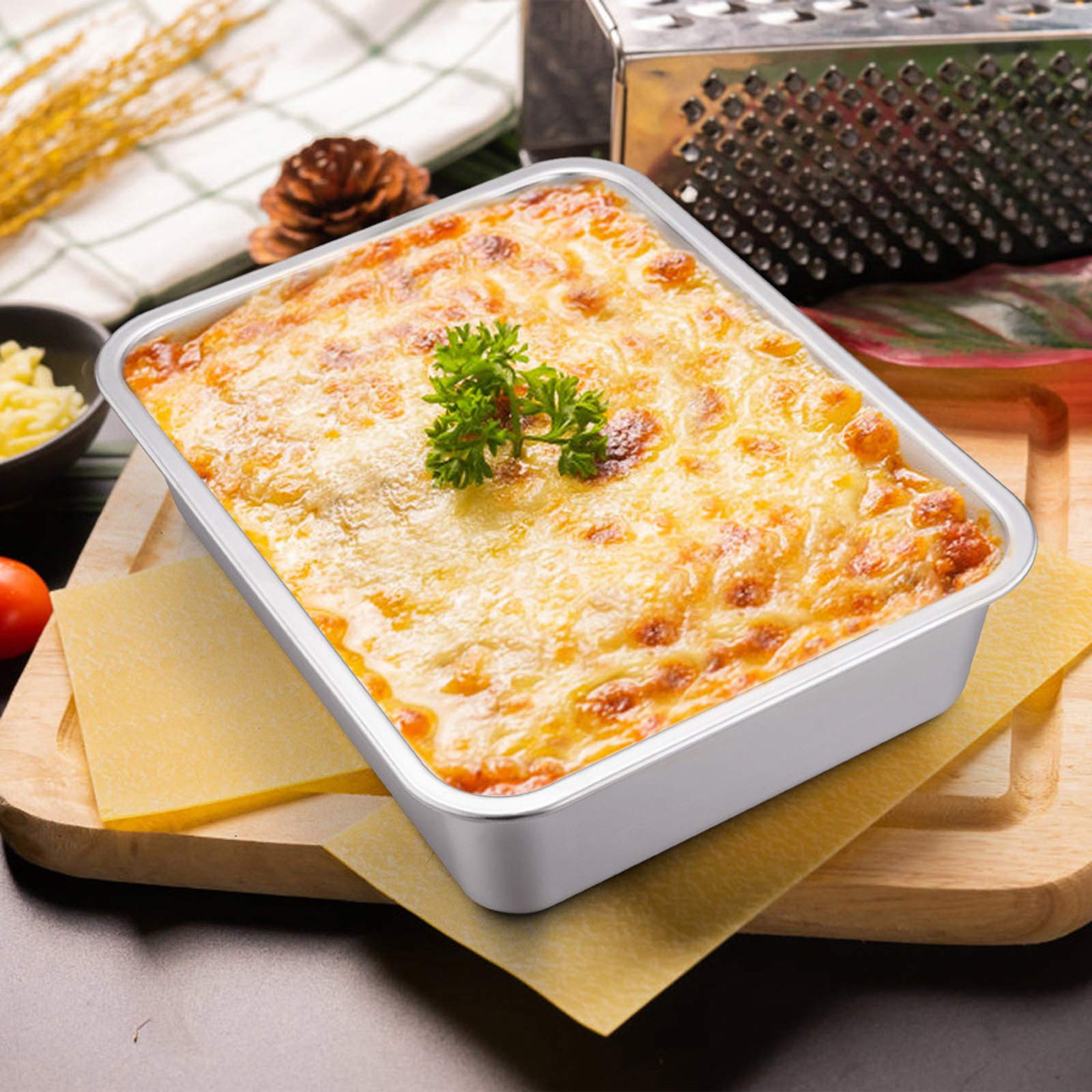 Lasagna Pan Set of 2, E-far Deep Stainless Steel Baking Pans, 12.75 x10 x3.2 Inches Rectangular Metal Roasting Baking Dish Bakeware for Oven, Non-Toxic & Heavy Duty, Dishwasher Safe