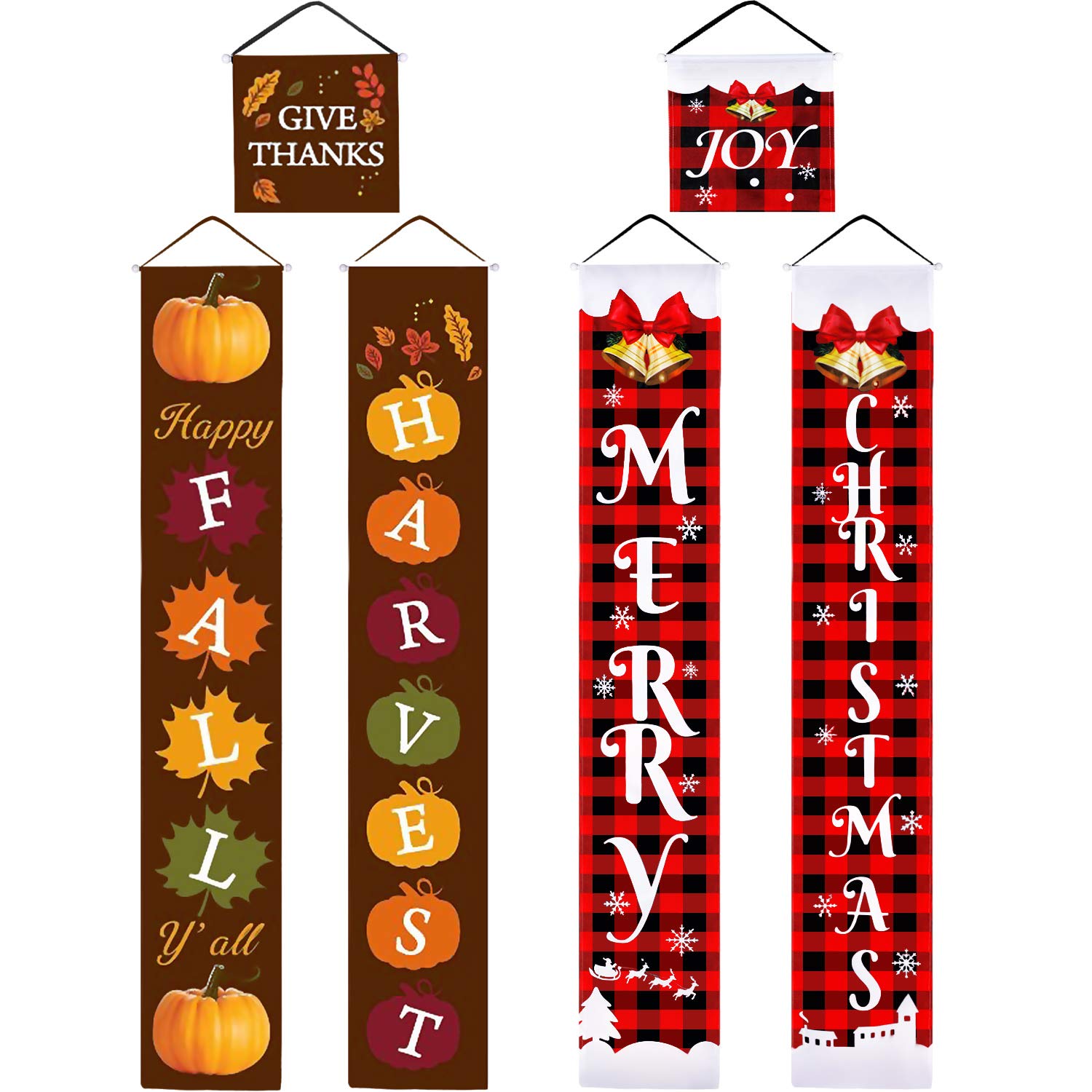 3 Pieces Christmas Thanksgiving Reversible Banner Christmas Thanksgiving Porch Sign Merry Christmas and Fall Harvest Banner Christmas Plaid Hanging Banner for Holiday Outdoor Indoor Decor