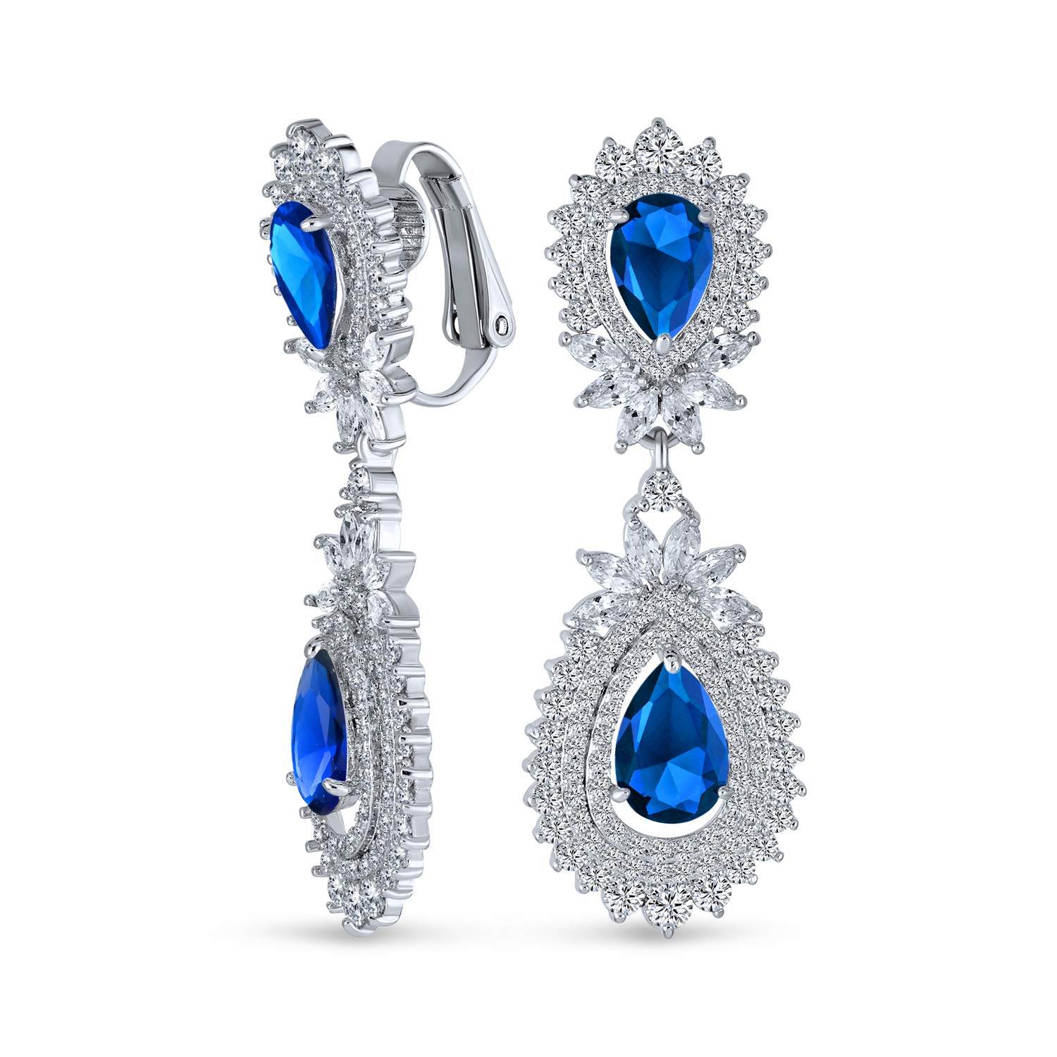 Bridal Fashion Vintage Art Deco Style Teardrop Shaped Halo AAA Cubic Zirconia Clear Royal Blue Statement Elegant Chandelier Clip On Earrings For Women Wedding Prom Silver Plated