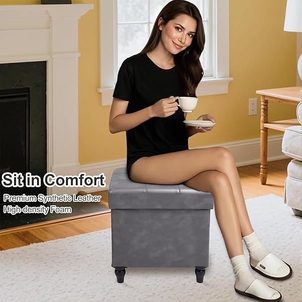 GLAXYFUR STORAGE OTTOMAN BENCH, 15 INCHES FOLDABLE OTTOMAN FOOT STOOL WITH LEGS, PU LEATHER FOOTREST FOR LIVING ROOM, BEDROOM, DORM (GREY)