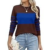 LOMON Womens Sweaters Long Sleeve Crew Neck Striped Color Block Sweaters Fall Fashion Knit Pullover Tops