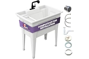 Utility Sink with One-Handle Matte Black Plastic Faucet – 32” Utility Sinks for Laundry Room, Garage, Garden, Basement – Noah William Home Indoor and Outdoor Polypropylene Basement Wash Tub (White)