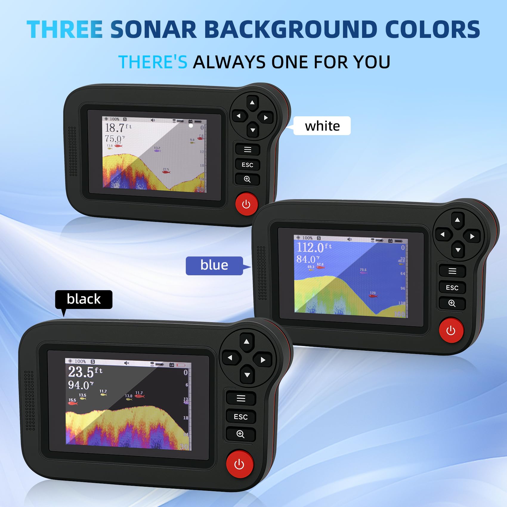 Portable Rechargeable Fish Finder, Wireless Sonar FishFinder, Castable Kayak Depth Finder with 105° Beam Angle and TFT LCD Display, 2.6-164 FT of Depth Locator,for Shore, Sea ＆ Ice Fishing