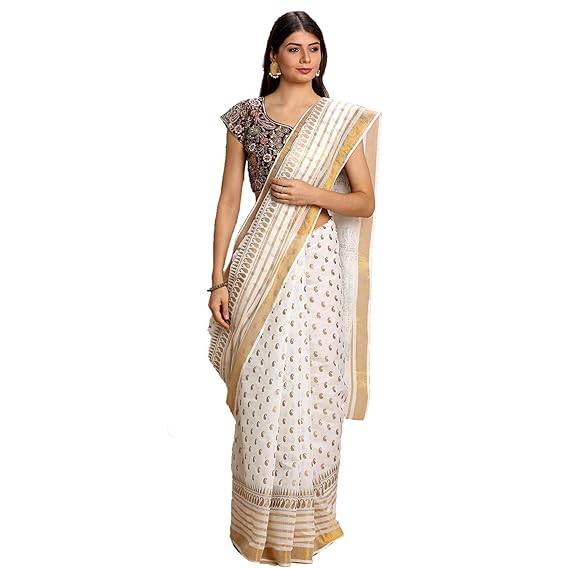 Kerala kavasu GOLD PRINT Pure Cotton Saree With Blouse Piece(Pack of 1)