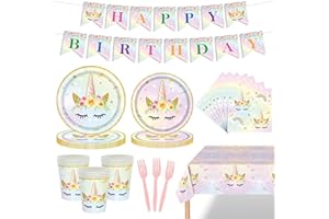 DEAYISTY Unicorn Birthday Decorations for Girls, Rainbow Pastel Theme, with Dinner and Dessert plates, Napkins, Cups, Forks, Tablecloth, and Banner for Unicorn Party Decorations, Serves 25