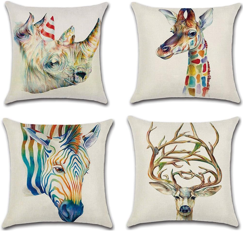 ATEENY Cotton Linen Square Throw Pillow Case Rainbow Animals Zebra Cushion Cover Case for Home Decorative 18 x 18inch Set 4-Pack (Giraffe & Horse)
