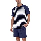 PrinStory Men‘s Pajama Set Summer Pjs Sleepwear Nightwear Lightweight Quick Dry Soft Stripe Sleep Set With Pocket S-2XL
