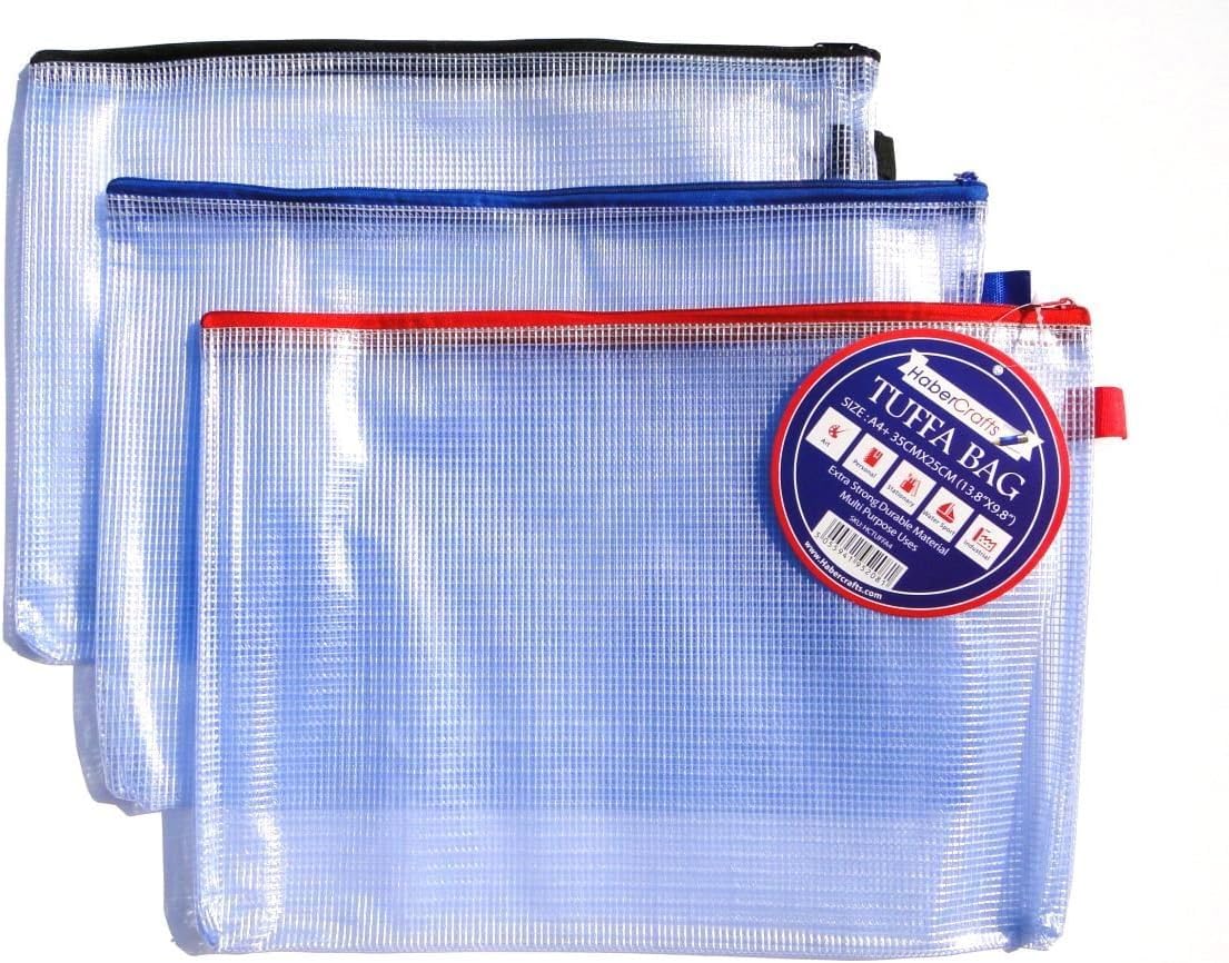 A5 Tuff Bag Zip Wallet Clear Plastic Wallets Zipped Pouch File Pencil Case Folder Water Resistant Reinforced Heavy Duty Mesh Bags (Fits A5-3 Pack)