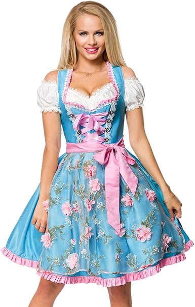 Dirndline Dirndl Mit Blumenschurze Frauen Mittellanges Kleid Grun Pink Amazon De Bekleidung