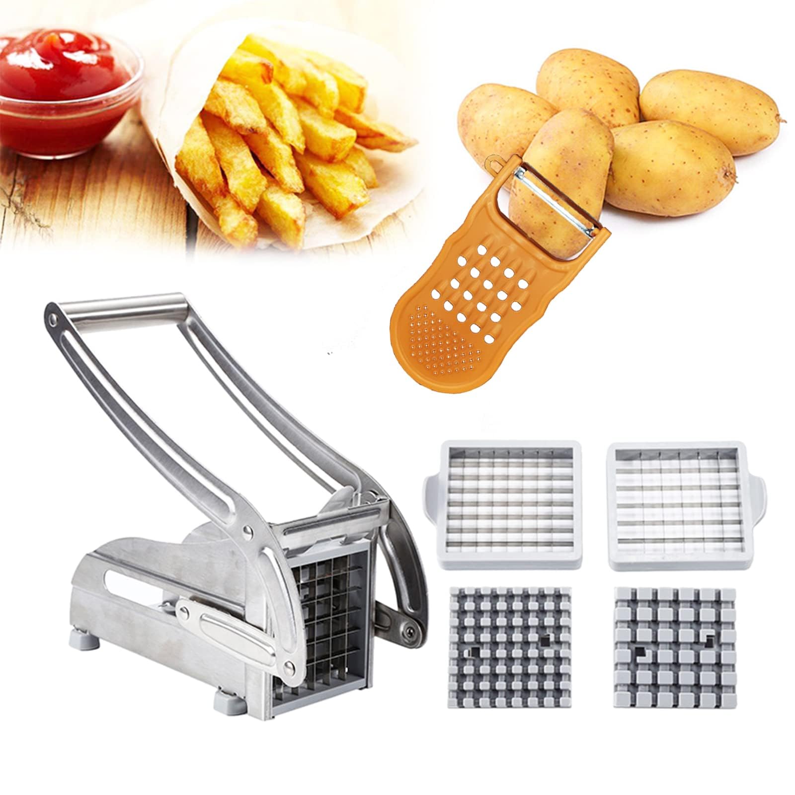 Photo 1 of **MISSING ASSEMBLY PIECE(S)*** Azooken Stainless Steel French Fry Cutter, 2-blade Potato Slicer No-Slip Suction Base French Fry Cutter with 1 Peeler, Perfect for Potatoes, French Fries, Cucumber,Vegetables Carrot