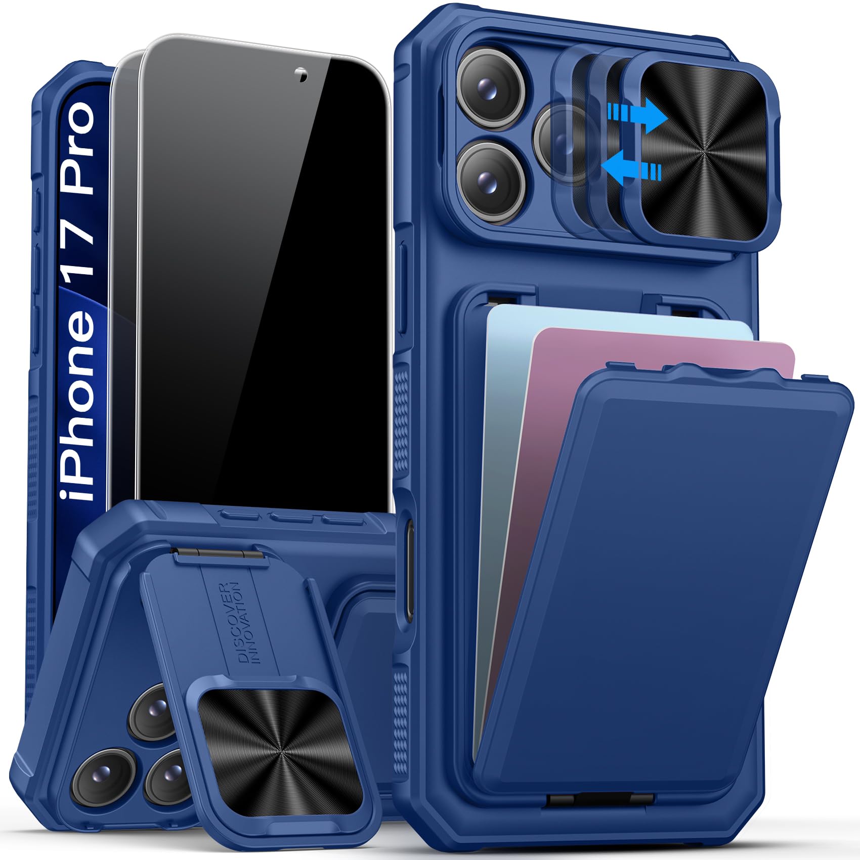Photo 1 of SSLOTSCASE for iPhone 17 Pro Case with 2X Privacy Screen Protector, Card Holder & Sliding Camera Lens Cover & Kickstand & Wallet, Silicone Edge Protective Phone Case Cover for iPhone 17 Pro 2025, Blue