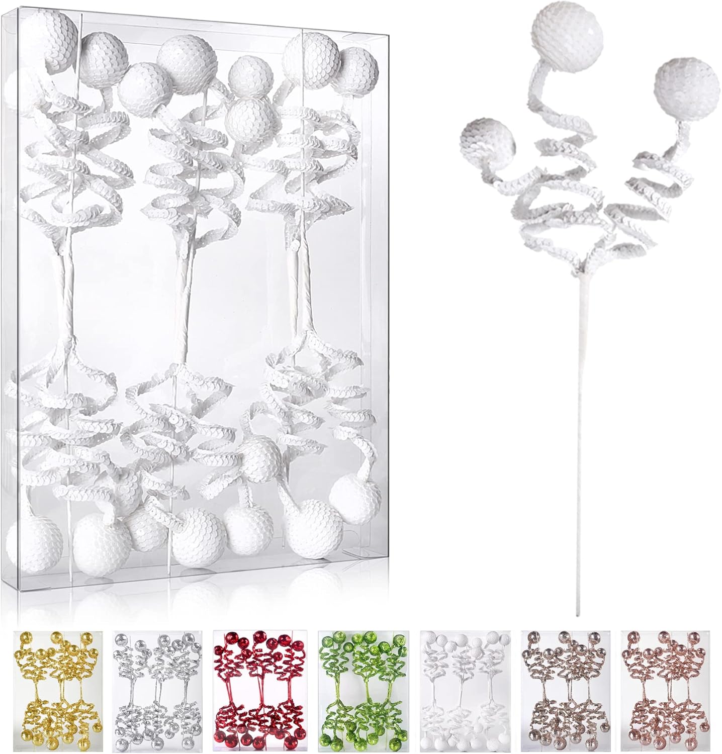 Tree Toppers - ZHANYIGY 6PC Set White Christmas Tree Decoration Sequins Ball Curly Pick, Christmas Tree Decorations Christmas Tree Topper Star Home Office Perfect Party Decorations Gifts