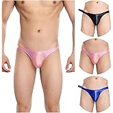 KEACUT Men's Smooth Silk G-string Sexy Thong Low Waisted 3-Piece Set Blck/Pink/Blue