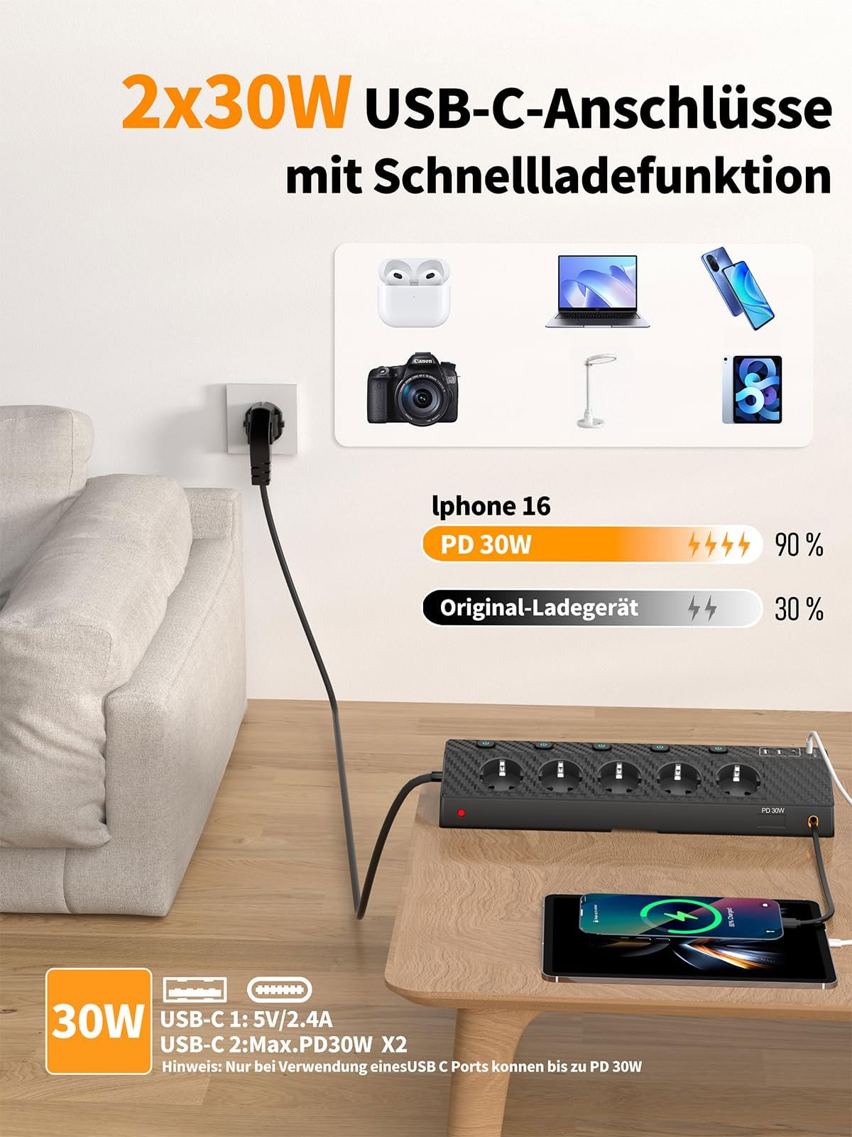 Tischsteckdose Steckdosenleiste mit 2 USB C (PD 30W), PASSUS 5 Fach Mehrfachsteckdose Schreibtisch mit Überspannungsschutz & Einzeln Schaltbar, 10-in-1 Ecksteckdose mit 2M Kabel für Büro, Schwarz 3