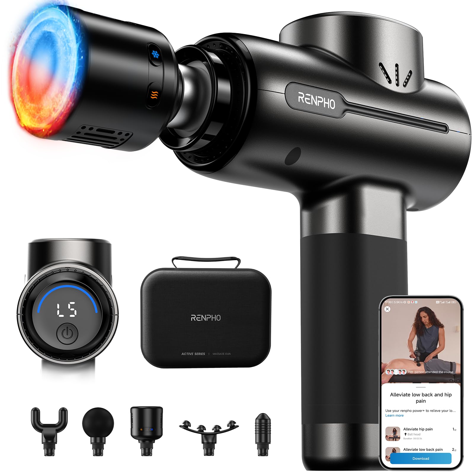 RENPHO Massage Gun with Heat and Cold, FSA Eligible HSA, Birthday Gifts for Women Men, Portable Percussion Muscle Deep Tissue Massager for Back and Neck, Handheld Massager with Carry Case Image