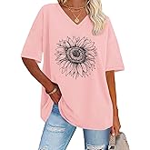 ADOREJOY Oversized Tshirts for Women V Neck Summer Graphic Tees Casual Short Sleeve Loose Tops