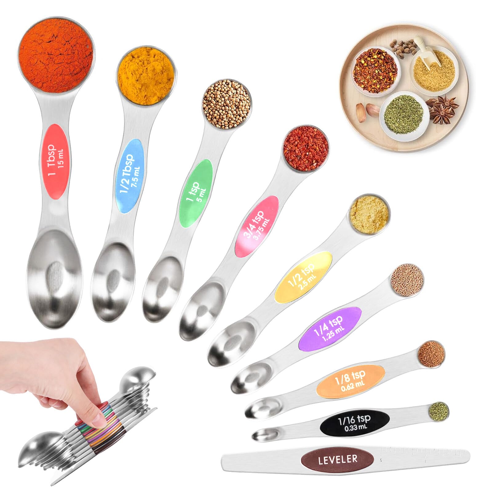 XiangSKY Magnetic Measuring Spoons Set of 9,Dual Sided Stainless Steel Stackable Teaspoon Tablespoon with Scale and Leveler, Fits in Spice Jars for Measuring Dry and Liquid Ingredients