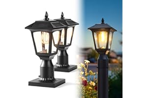 PASAMIC Solar Post Light 2 Pack, 3000K (Warm White) Dusk to Dawn Outdoor Solar Lamp with Aluminum Base, Waterproof Pillar Light for Fence, Garden, Yard, Patio,Outside Decoration– Bonus Bulb Included