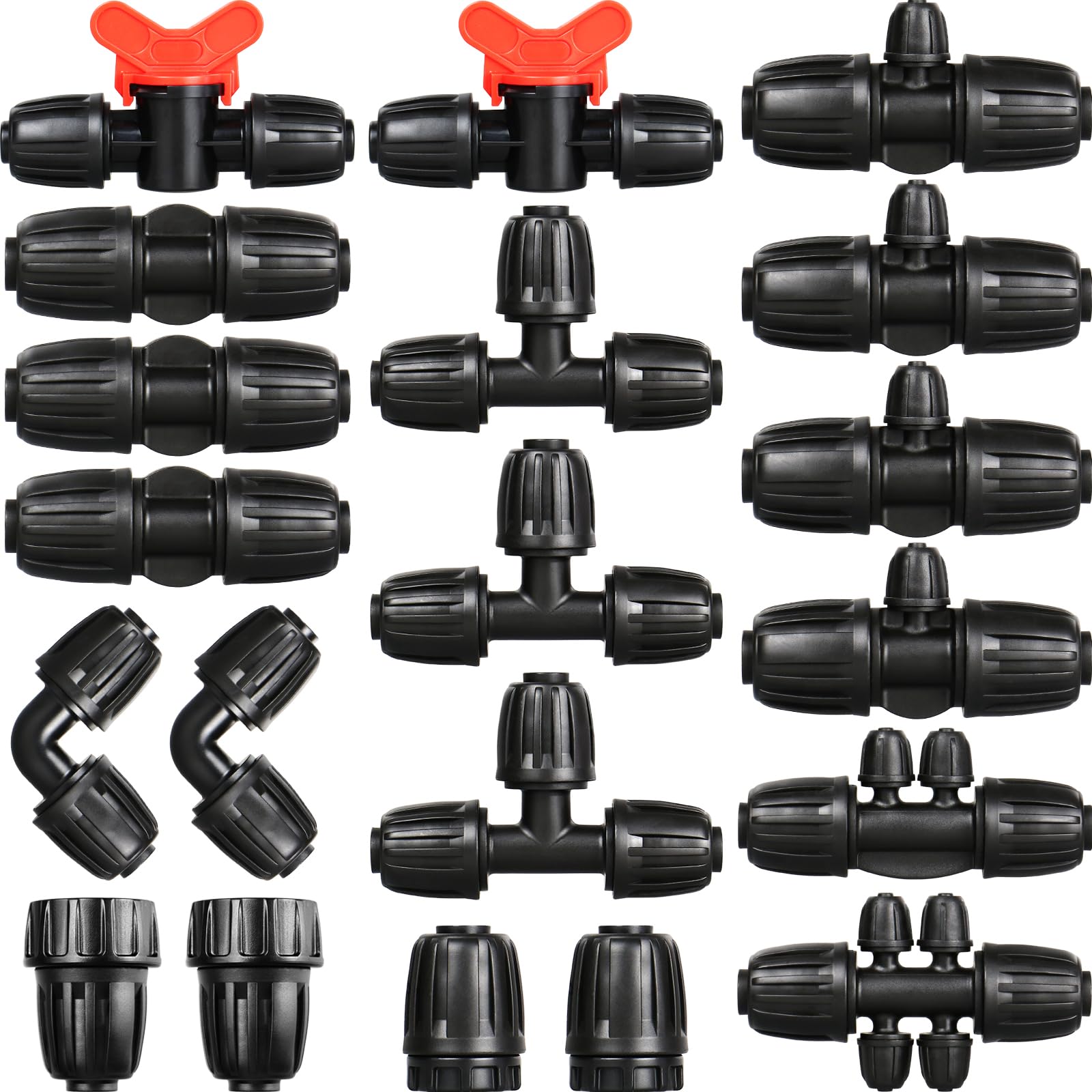 Photo 1 of 1/2 Inch Drip Irrigation Fittings Kit: 20 Pieces Drip Locked Nut Connectors for 1/2" Drip Irrigation Tubing (1/2" ID x0.6-0.65" OD) Couplings Tees Elbows Plugs Valves Reducing Tees Adapters