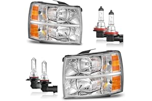 KarSpareHub Headlights Assembly for 2007-2013 Chevy Silverado 1500 for 07-14 Silverado 2500HD 3500 Headlamp Replacement Chrome Housing Amber Reflector (turnsignal bulbs not included)
