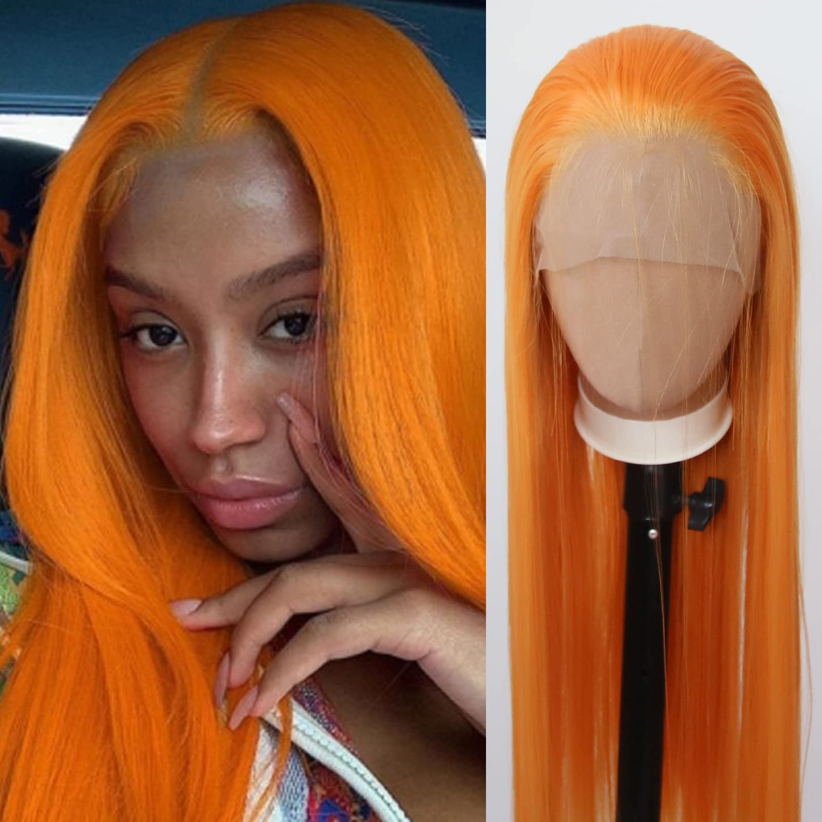 Towarm Orange Wig Long Straight Synthetic Lace Front Wigs Pre Plucked Natural Hairline with Baby Hair for Black Women Bright Ginger Heat Resistant Fiber Cosplay Daily Wear (Orange), 260 g
