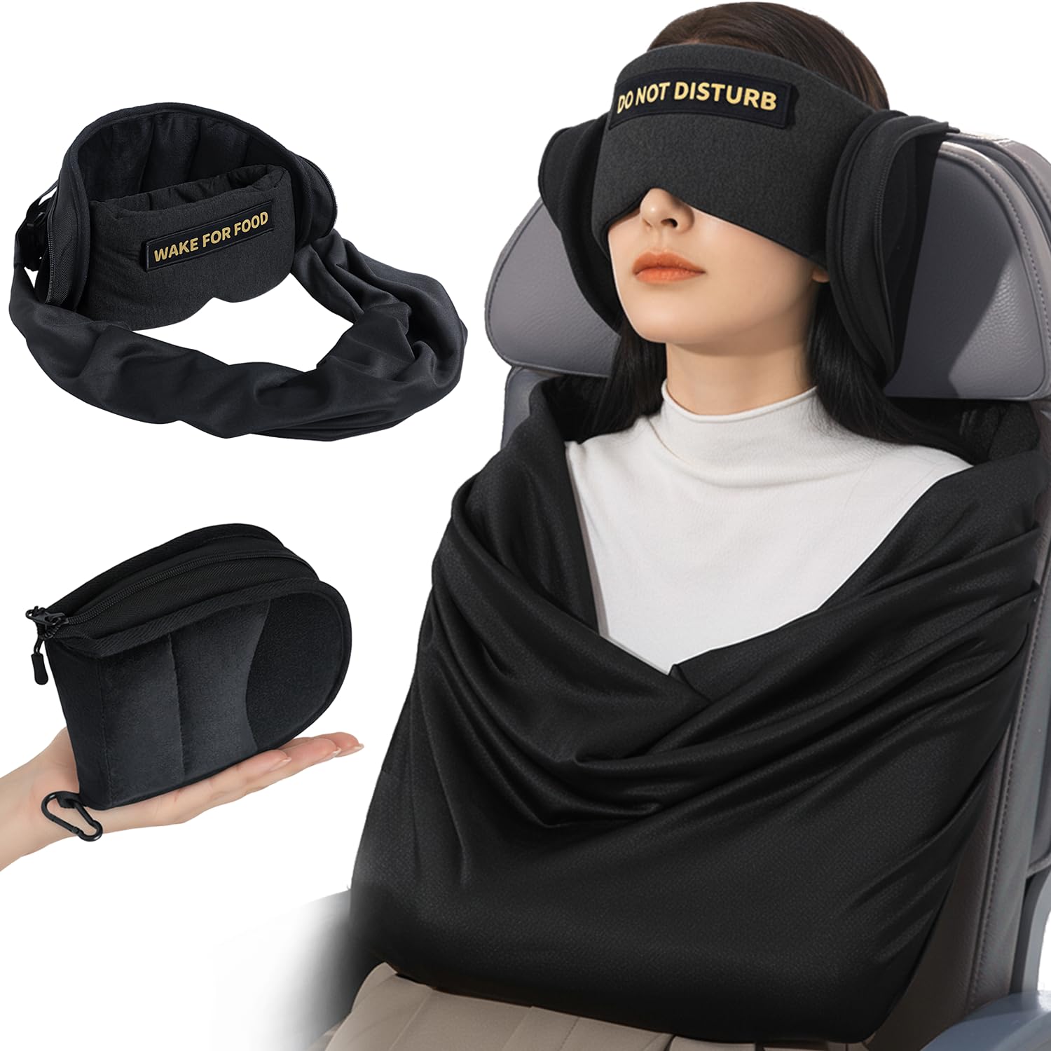 Photo 1 of Travel Pillow and Blanket Set, Compact Airplane Pillow Bag with Eye Mask for Long Flights Sleeping, 360° Support Head Strap Travel Essentials for Plane Car Sleep Neck Upright, Stop Bobblehead (Black)