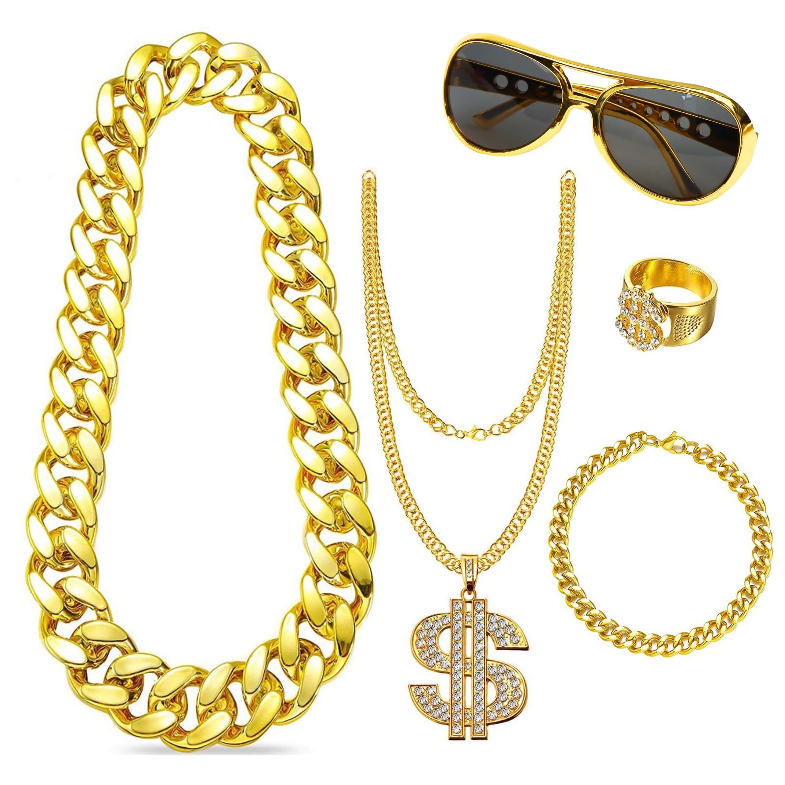 YIWONFU 80s 90s Fancy Dress Costumes Set 5pcs Hip Hop Hippie Accessories Disco Fancy Dress Outfits with Golden Chain Bracelet Sunglasses Rings and Fake Dollar Sign Necklace, for Men Party Supplies
