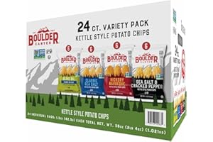 Boulder Canyon Kettle Style Potato Chips Variety Pack, 24 Count, Assorted 1.5oz. Bags, Olive Oil Classic Sea salt, Hickory BBQ, Sea Salt & Cracked Pepper, Classic Sea salt