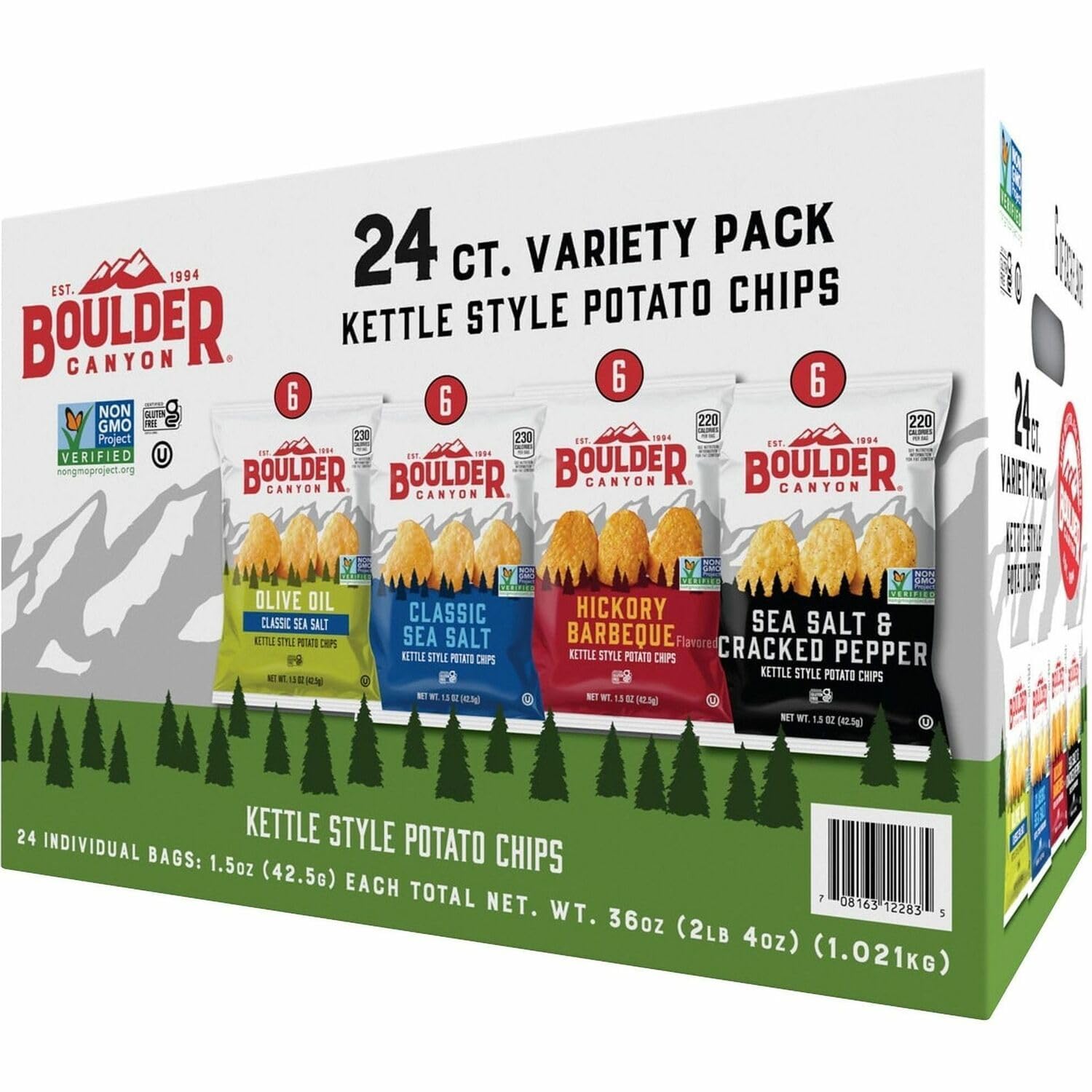 Photo 1 of Boulder Canyon Kettle Style Potato Chips Variety Pack, 24 Count, Assorted 1.5oz. Bags, Olive Oil Classic Sea salt, Hickory BBQ, Sea Salt & Cracked Pepper, Classic Sea salt