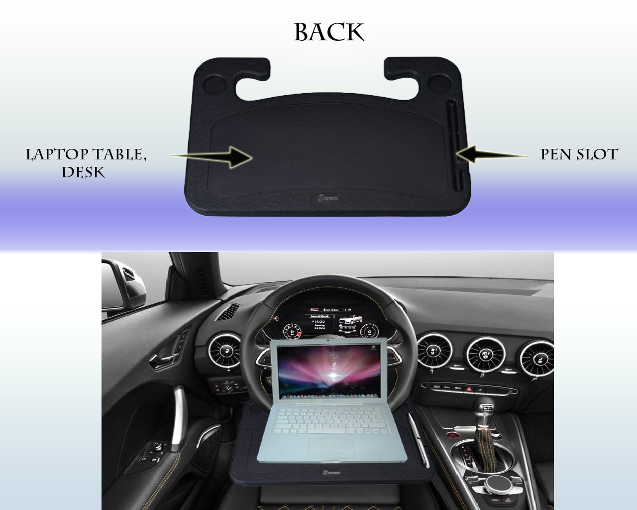 Zone Tech Black Car Laptop and Food Steering Wheel Tray Organizer
