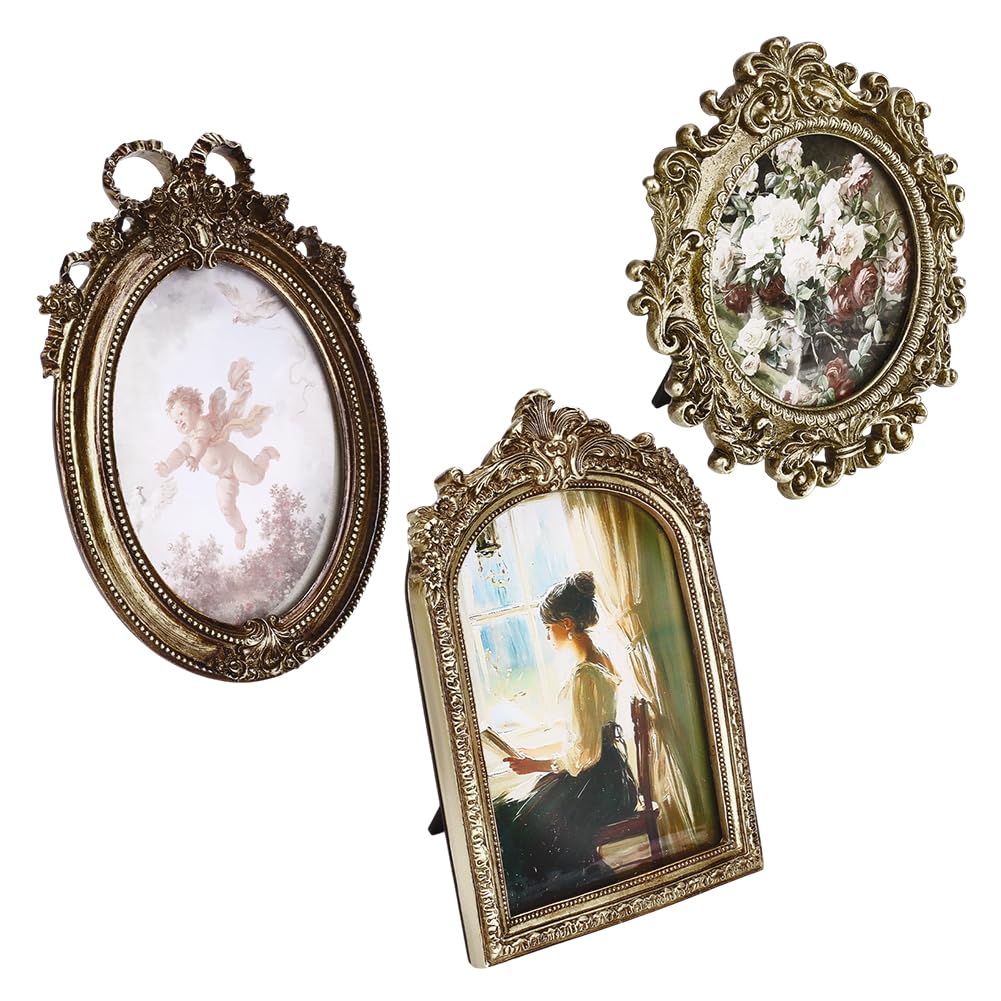 NBEADS 3 Pcs 3 Styles Vintage Resin Frames, Gold Ornate Antique Picture Frames Mini Frames for Tabletop Display Wall Hanging Home Decor, 6.3x6/10x6.8/9.4x6.5/160x156mm/253x173mm/240x165mm