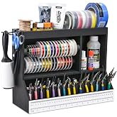 Ikee Design Jewelry Marking Craft Working Table Bench with measurements. | A top shelf with two thread spools designed for suspending a carded beading cord.