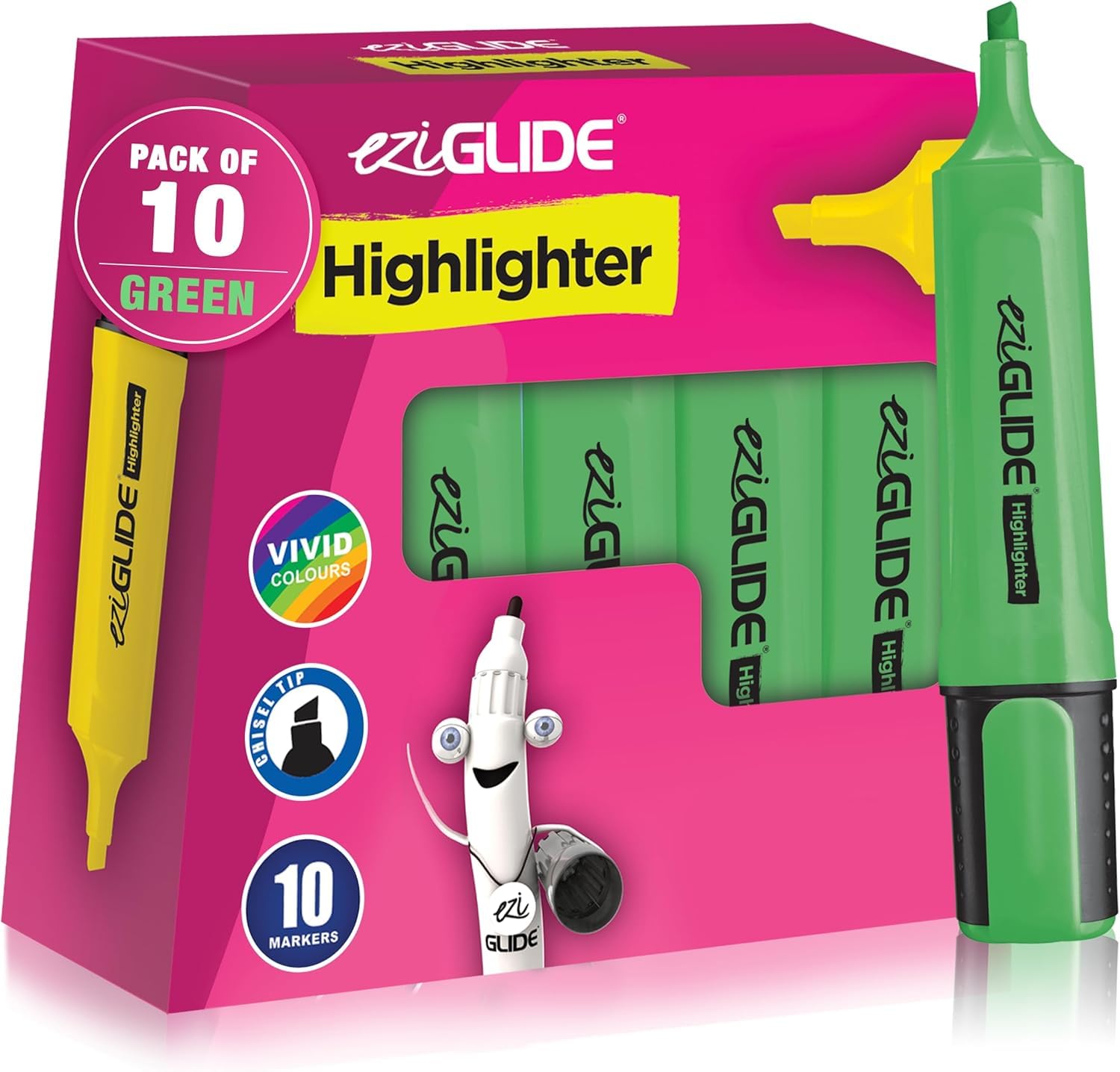 Eziglide 10-Pack Green Highlighters Pens – Bold Chisel Tip for Smooth & Clear Marking – Smudge-Resistant, Quick-Dry Ink, Ideal for Office, Kids, Bulk Stationery, Studying & School Use
