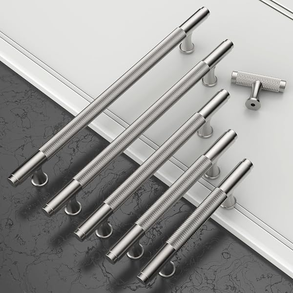 ASIDRAMA 10 PACK KNURLED BRUSHED SATIN NICKEL KITCHEN CABINET KNOBS DRESSER KNOBS DRAWER KNOBS SINGLE HOLE CABINET T BAR PULL HANDLES FOR KITCHEN WARDROBE CUPBOARD