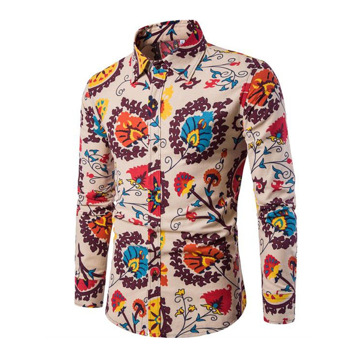 Mens Casual Printed Shirts Summer Long Sleeve Linen Shirt Funky Floral Hawaiian Shirt XS-5XL