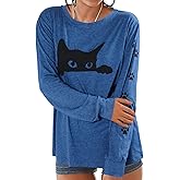 JINTING Cat Shirts for Women - Loose Fit Lightweight Long Sleeve Graphic Spring Outfits Printed Blouse Casual Tops