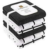 UNIQINNOW Assorted Waffle Kitchen Dish Towels Cotton Set of 6, Soft Absorbent Quick Drying Table and Kitchen Linen, Tea Towels and Cleaning Towels with Hanging Loop, Dish Towels 15x25 Black