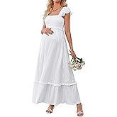 OUGES Womens 2026 Summer Maternity Photoshoot Dress Boho Maxi Smocked Baby Shower Dress Ruffle Sleeve Maternity Clothes