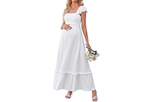 OUGES Womens 2025 Summer Maternity Photoshoot Dress Boho Maxi Smocked Baby Shower Dress Ruffle Sleeve Maternity Clothes
