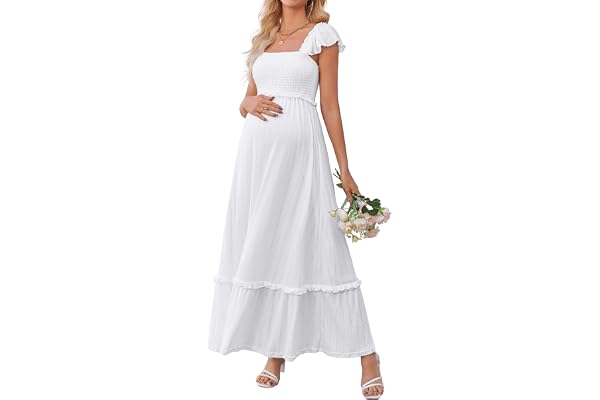 OUGES Womens 2026 Summer Maternity Photoshoot Dress Boho Maxi Smocked Baby Shower Dress Ruffle Sleeve Maternity Clothes