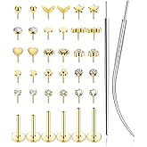 Ofeiyaa Threadless Push in Nose Studs Rings Stainless Steel Flat Back Earrings Labret Monroe Lip Rings for Women Men Cartilage Helix Conch Tragus Piercing Jewelry 6mm 8mm 10mm Silver Gold Tone