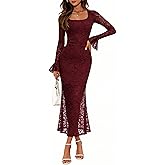 GERT COREL Elegant Women's 2025 Bell Long Sleeve Lace Maxi Dress Sexy Square Neck Fall Bodycon Mesh Wedding Guest Cocktail