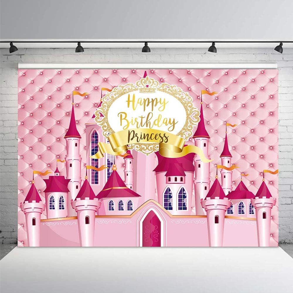 MEHOFOTO 7x5ft Princess Castle Birthday Photo Studio Booth Background Pink Headboard Girl Gold Birthday Border Photography Backdrops Banner for Dessert Table Supplies - Image 4