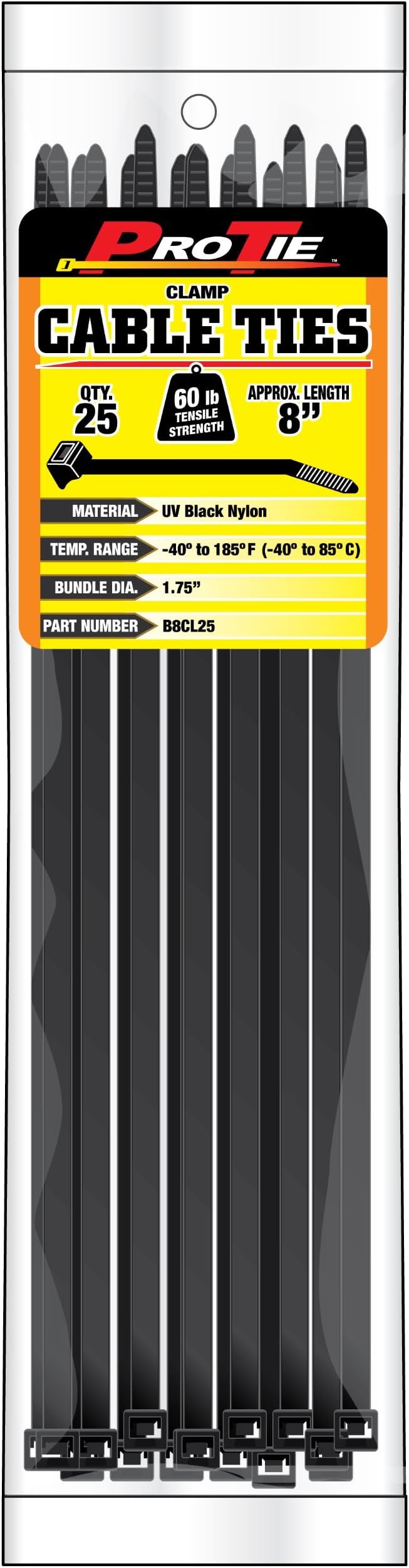 Pro Tie B8CL25 8-Inch Clamp Cable Tie, UV Black Nylon, 25-Pack