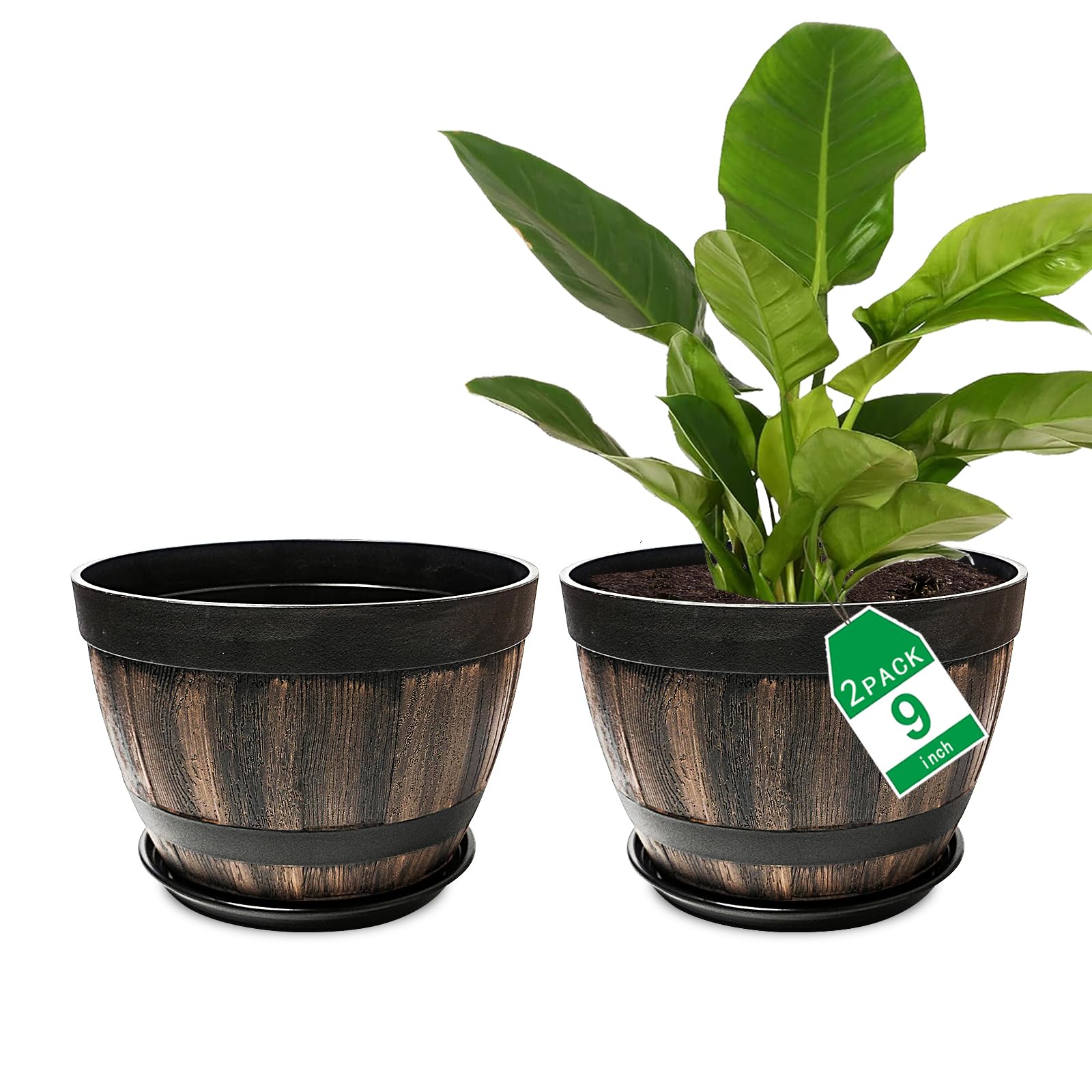 Plastic Plant Pots Set of 2 Pack,23cm Whiskey Barrel Planters with Drainage Hole and Saucer.Vintage Resin Decoration Flower Pots Wooden Barrel Design for Indoor Outdoor Plants Garden House Planter
